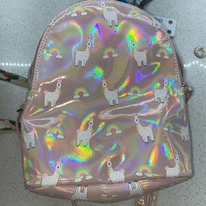 Pink holographic mini backpack w/ llamacorn design